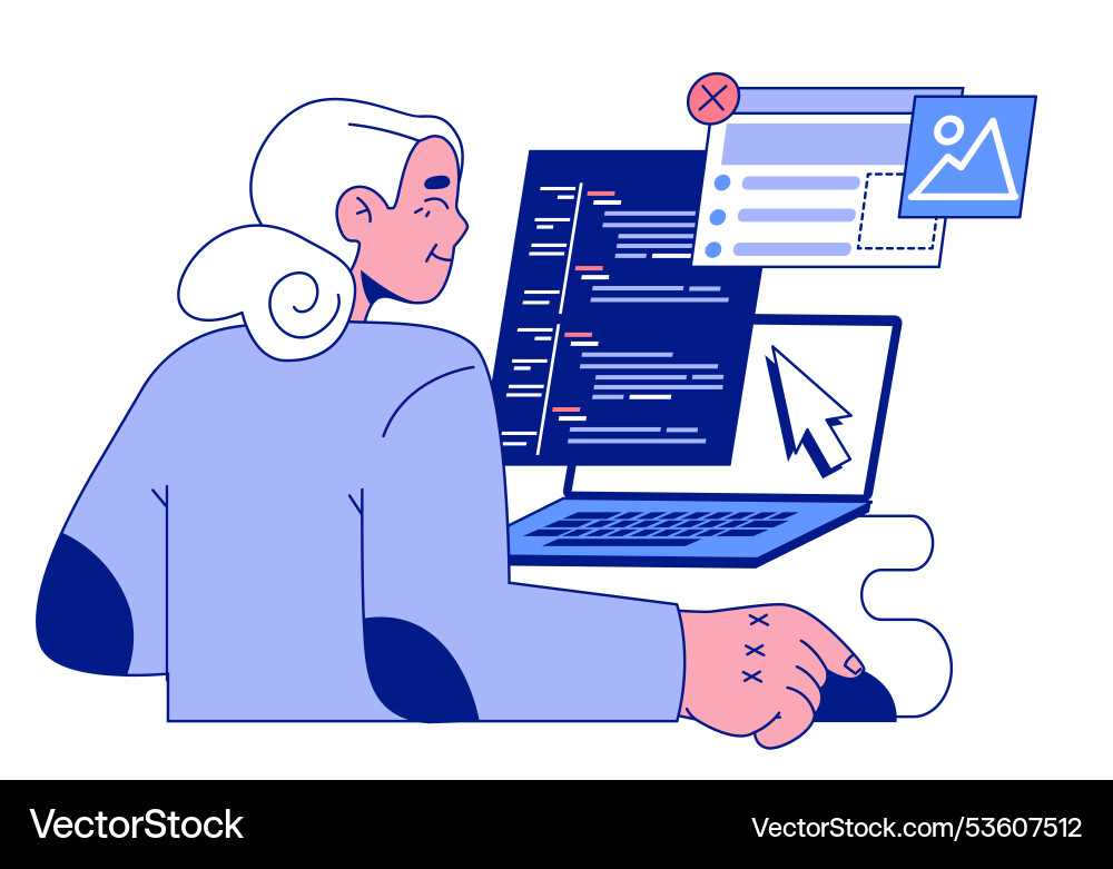 Senior Entwickler alte Frau Programmierung und Codierung Senior Entwickler alte Frau Programmierung und Codierung vektorbild