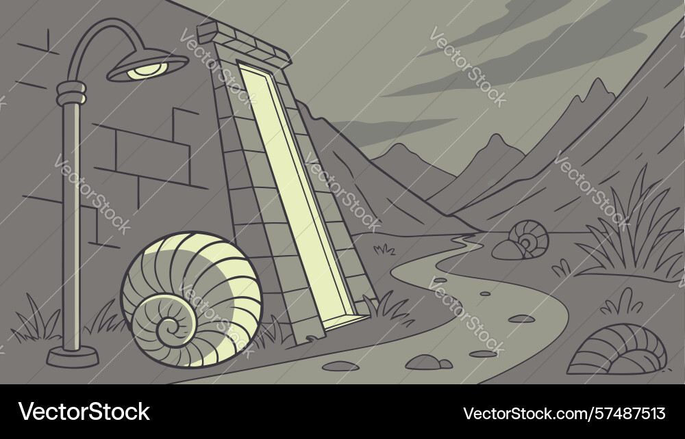 Ancient snail shell by mysterious stone slide Vector Image