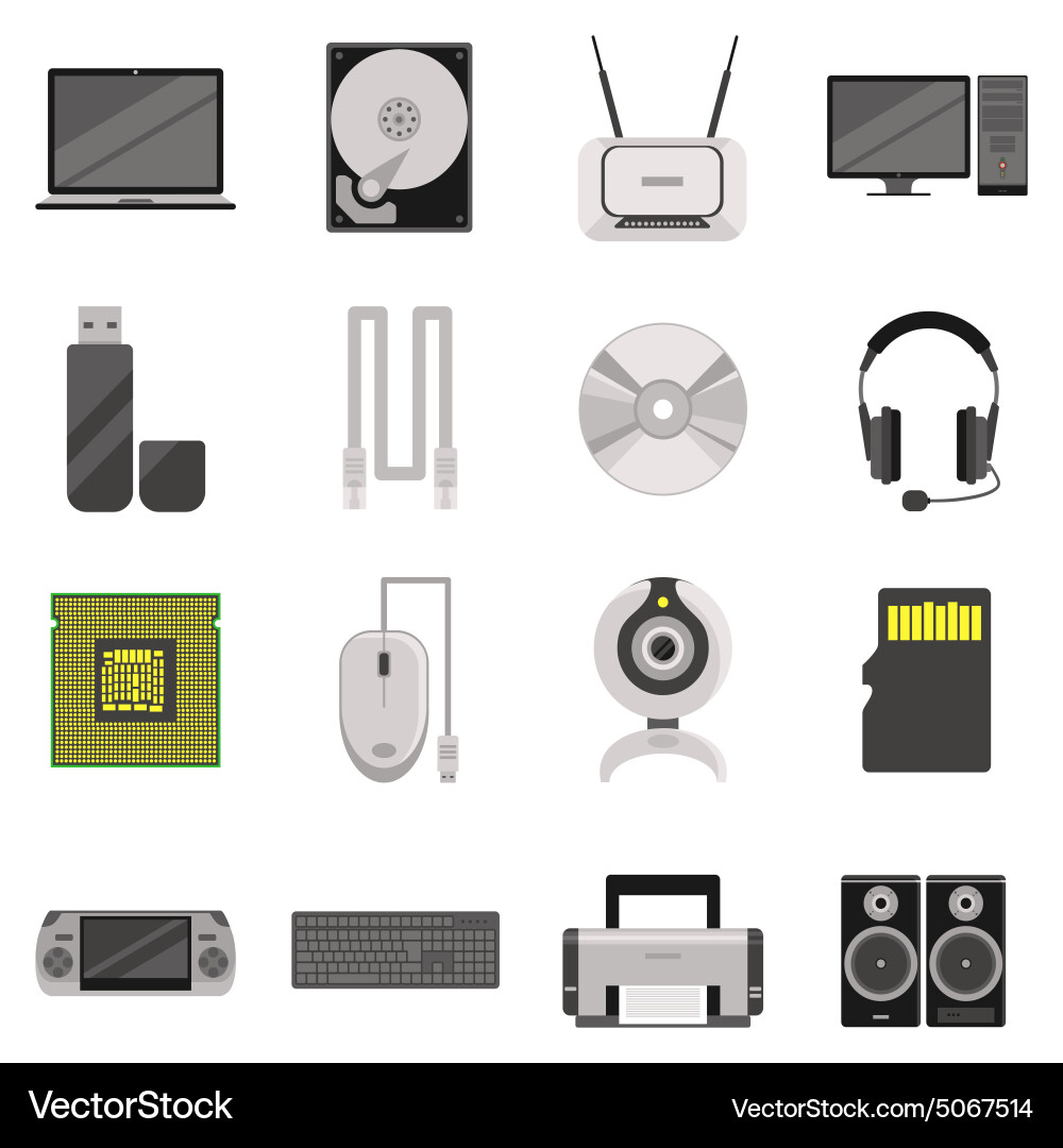 Computer components and accessories icon set Vector Image
