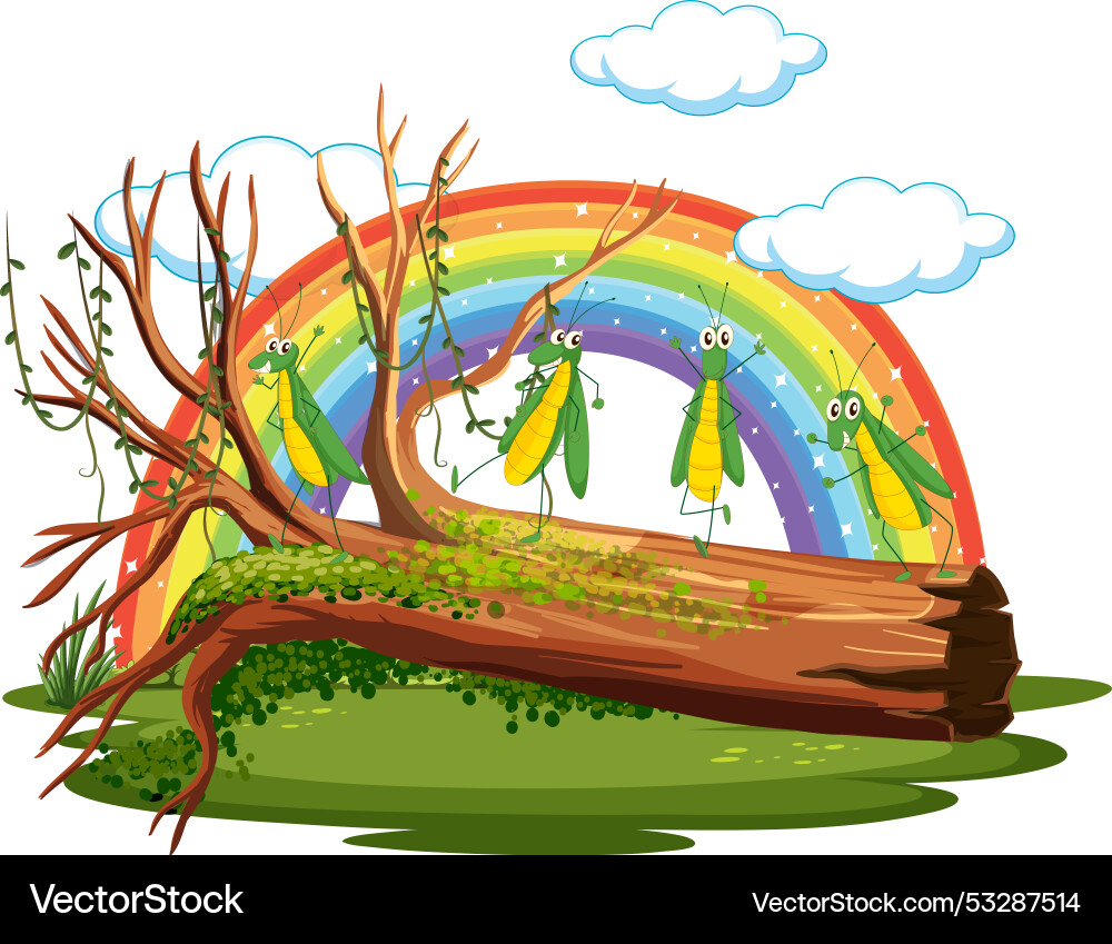 Grasshoppers on a log with rainbow Vector Image