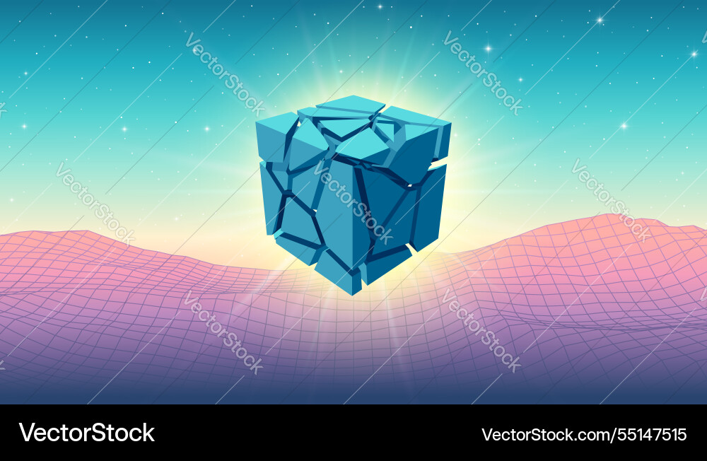 Mint blue 3d cube with cracks and particles Mint blue 3d cube with cracks and particles vector image