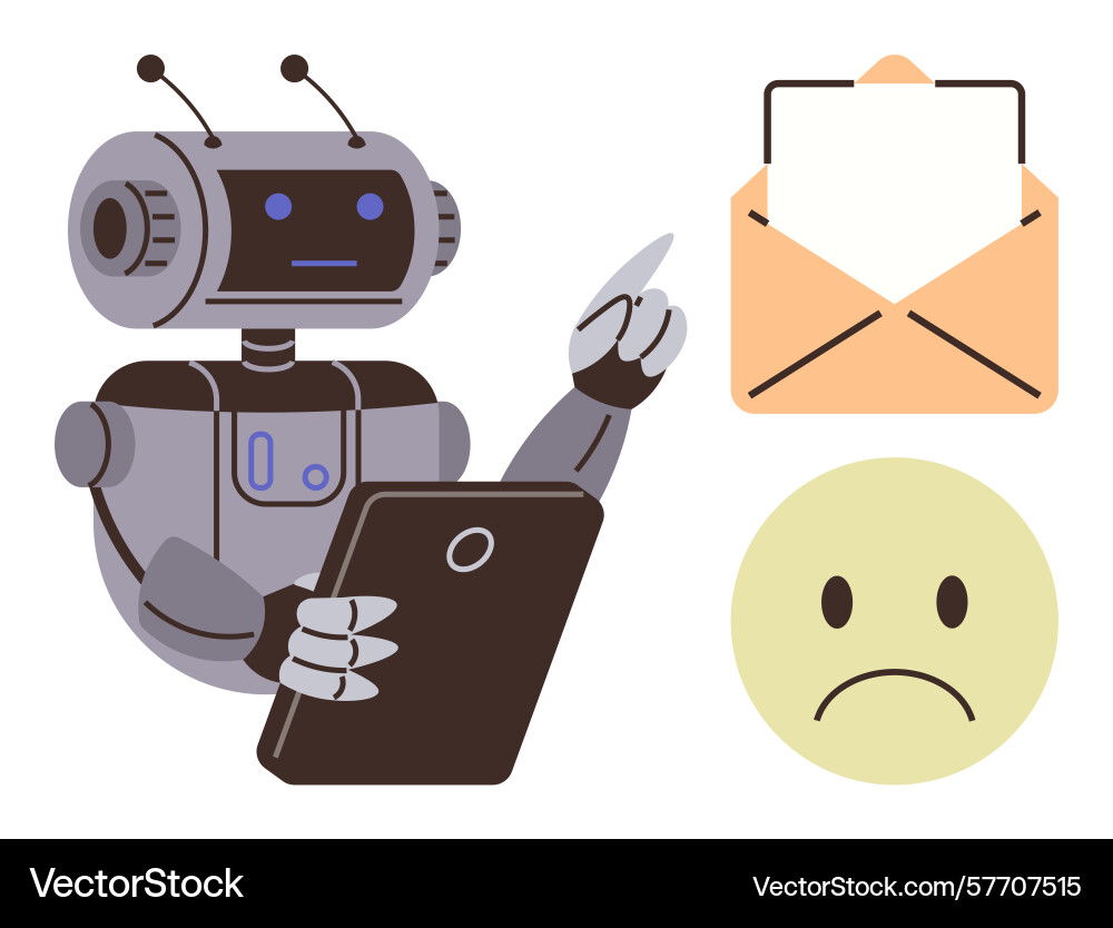 Robot managing digital tasks with tablet envelope Robot managing digital tasks with tablet envelope vector image