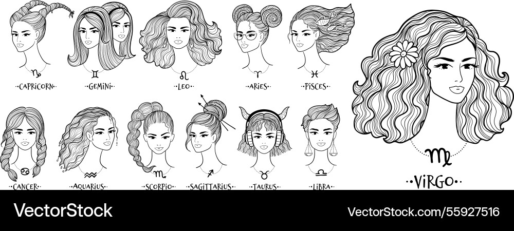 12 zodiac signs as women with unique hairstyles 12 zodiac signs as women with unique hairstyles vector image