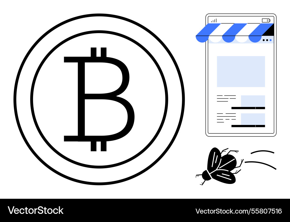 Bitcoin coin with shopping website and flying bug Bitcoin coin with shopping website and flying bug vector image