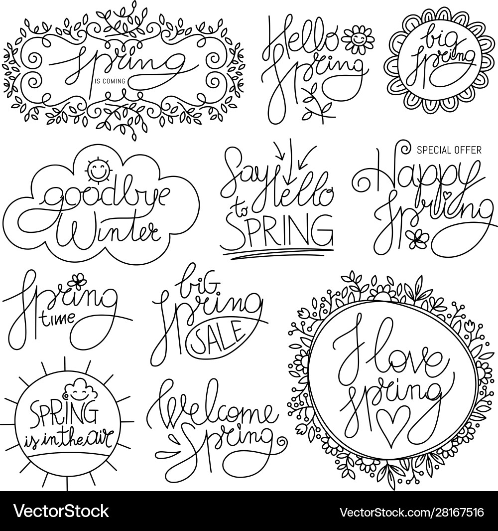 Spring Calligraphy Set - Floral & Lettering Vector Image