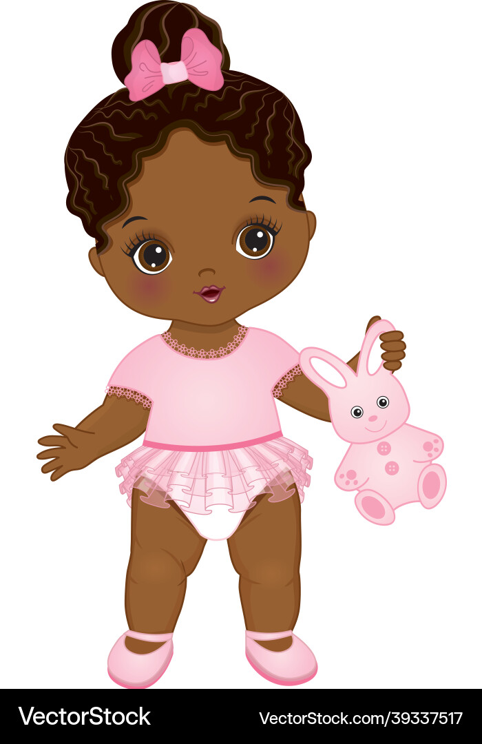 Cute african american baby girl holding bunny toy Cute african american baby girl holding bunny toy vector image