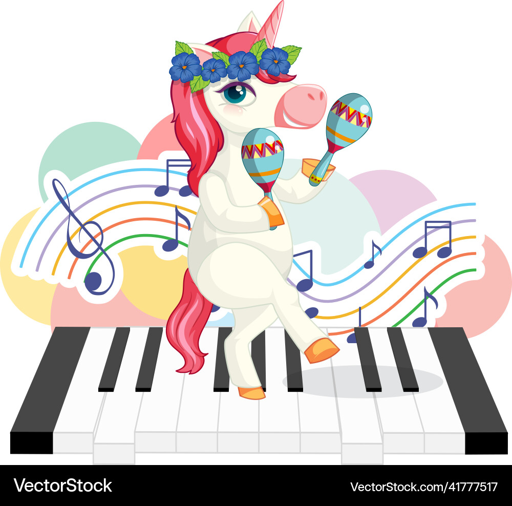 Cute pink unicorn shaking maracas with music Cute pink unicorn shaking maracas with music vector image