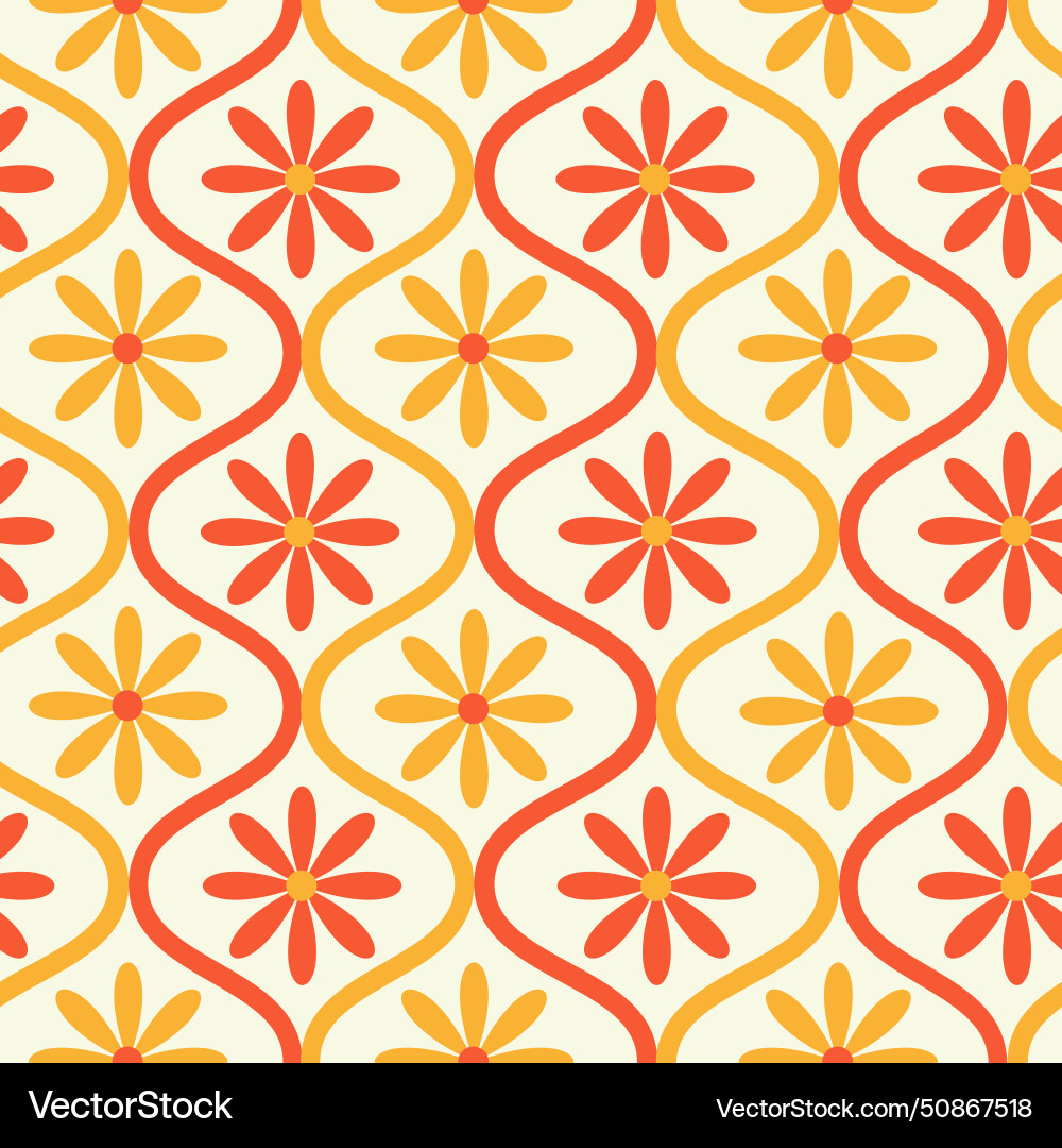 Yellow orange flowers on ogee seamless pattern vector image