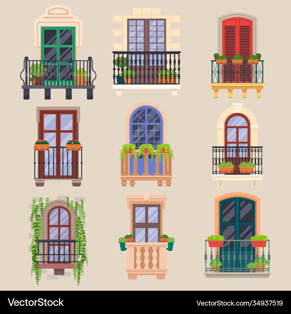 Balcony windows house facade cartoon banisters Balcony windows house facade cartoon banisters vector image