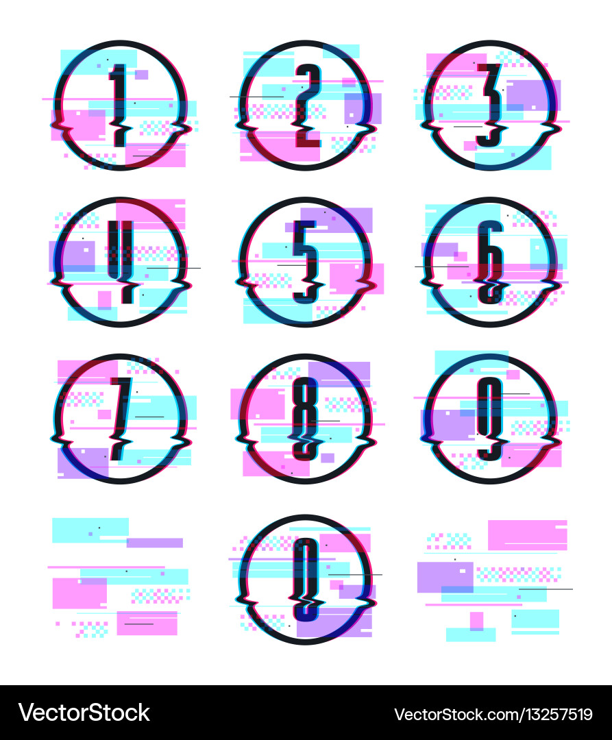 Decorative numbers with glitch distortion effect vector image