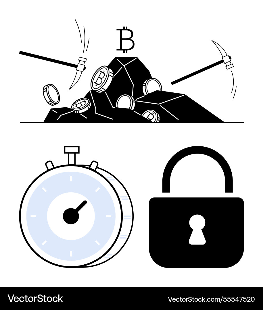 Bitcoin mining with pickaxes stopwatch indicating Bitcoin mining with pickaxes stopwatch indicating vector image