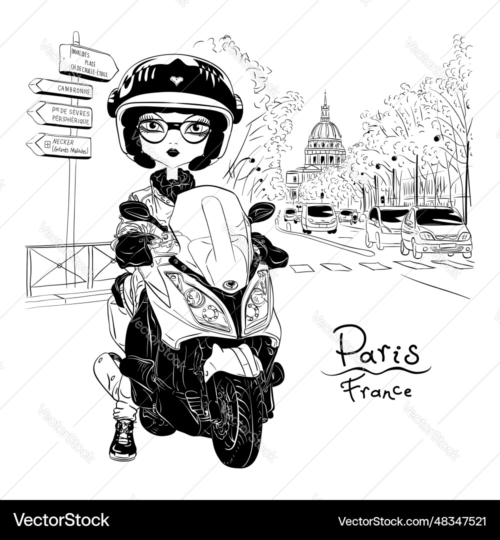 Cute girl on a scooter in paris vector image