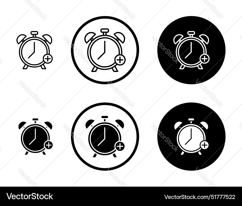 Alarm plus icon set extra time symbol clock Vector Image