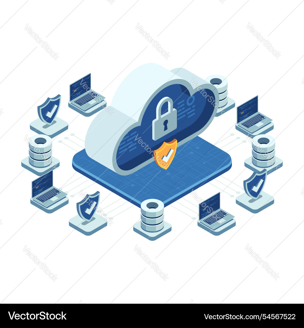 Isometric cloud security concept with data Isometric cloud security concept with data vector image