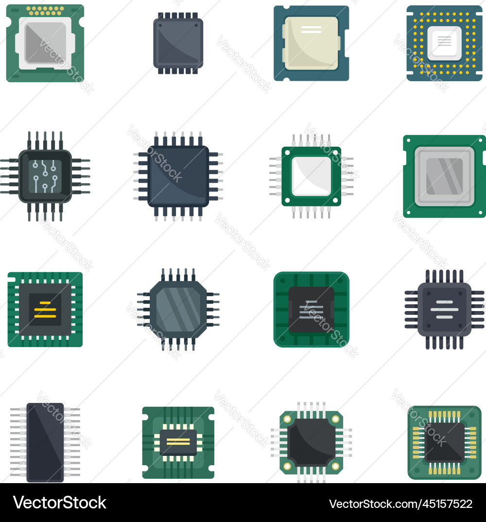 Processor icons set flat central computer Processor icons set flat central computer vector image
