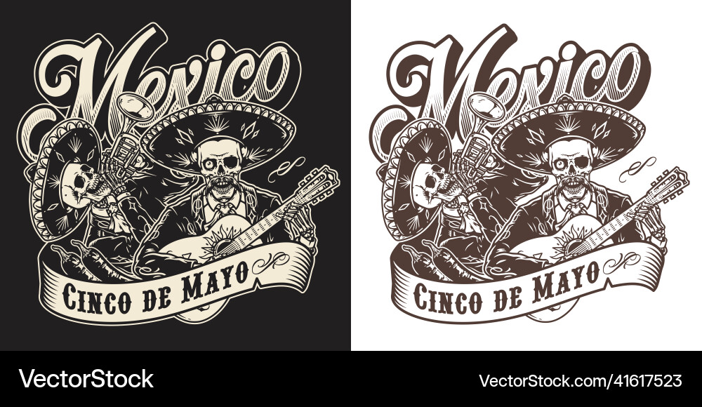 Mexican musicians in sombreros emblem Mexican musicians in sombreros emblem vector image