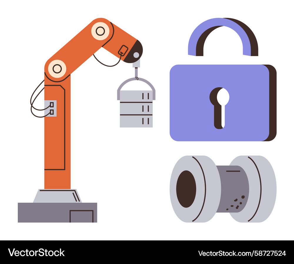 Robotic arm handling data servers with lock symbol Robotic arm handling data servers with lock symbol Vector Image