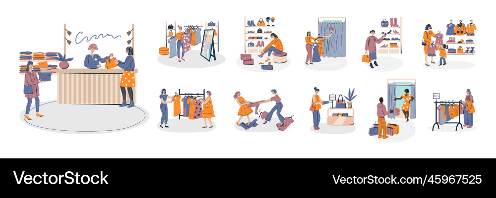 Shopping people flat set Royalty Free Vector Image