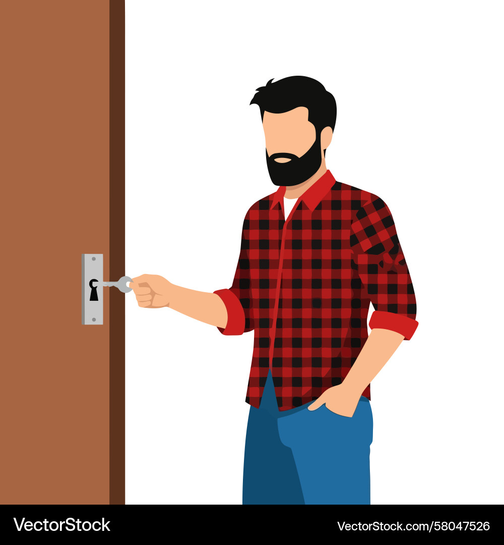 Man Inserting Key into Door Lock Vector Image