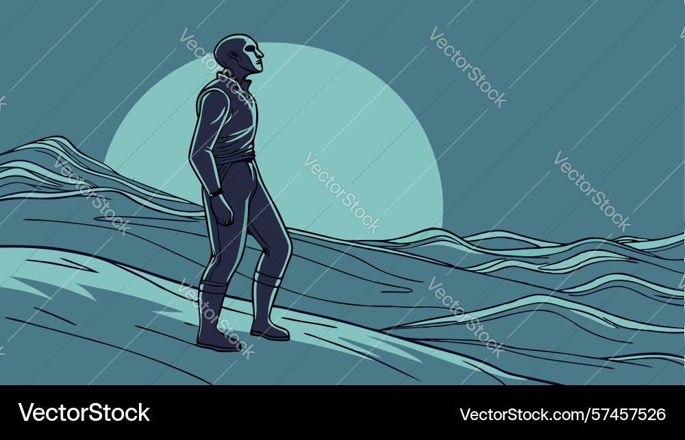 Robot walking on abstract wavy terrain design vector image