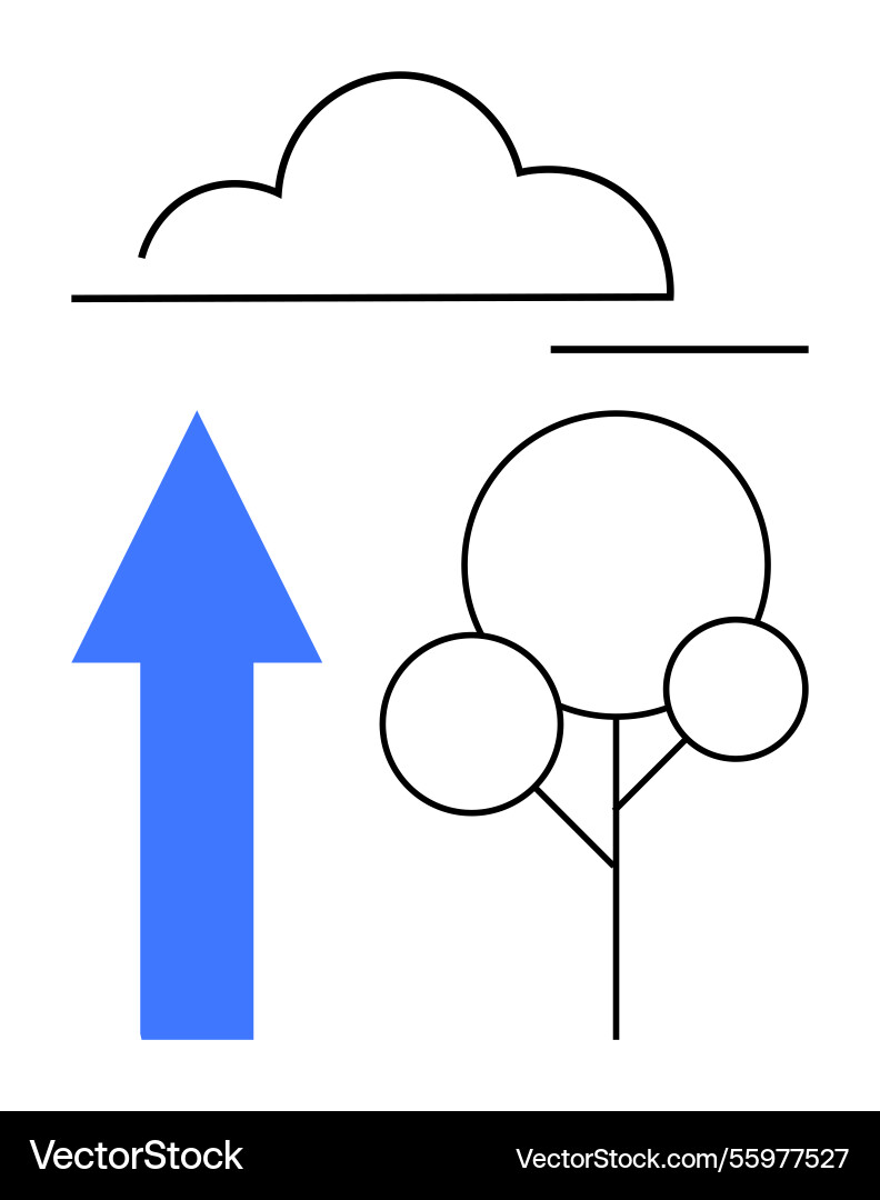 Blue arrow pointing upward with cloud and tree Vector Image