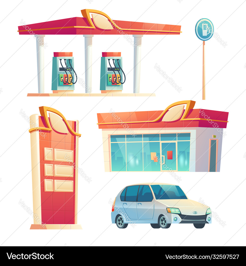 Gas station refueling service isolated items set Gas station refueling service isolated items set vector image