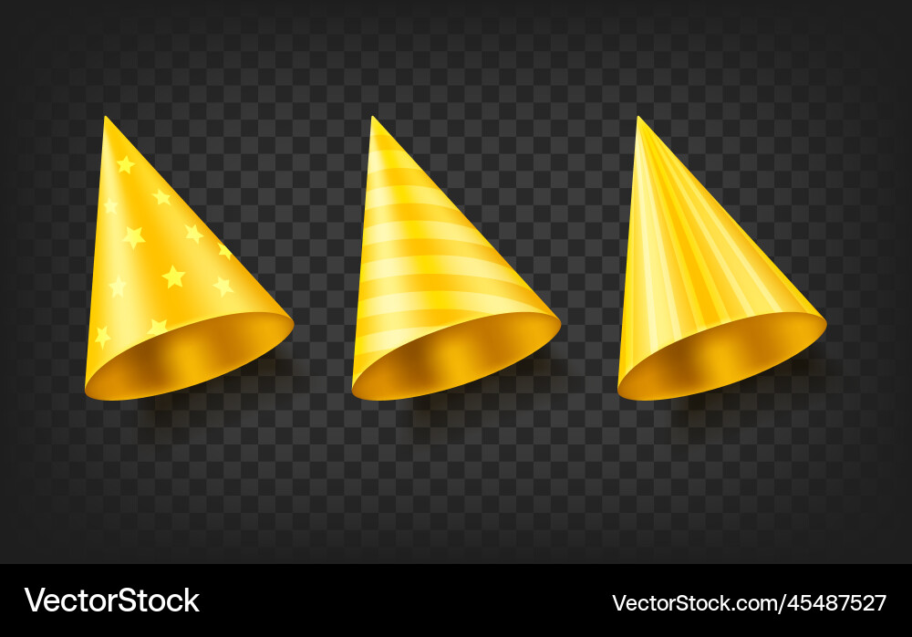 Yellow party cone hats with different patterns 3d vector image