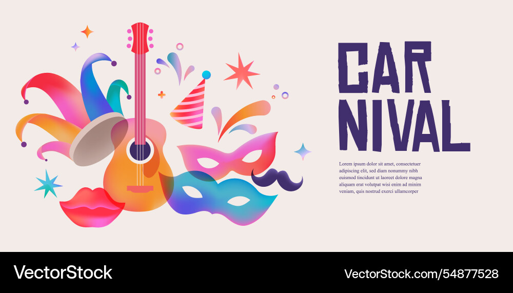 Carnival banner with guitar masks and jester hat Carnival banner with guitar masks and jester hat vector image