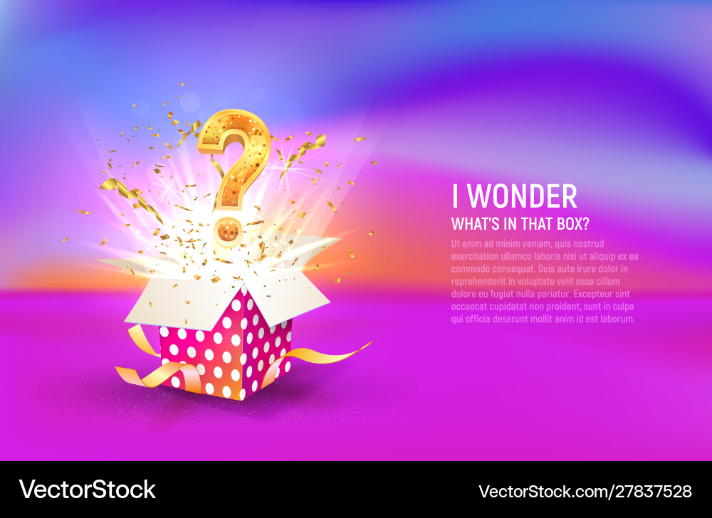 Open box with question sign and confetti explosion Open box with question sign and confetti explosion vector image