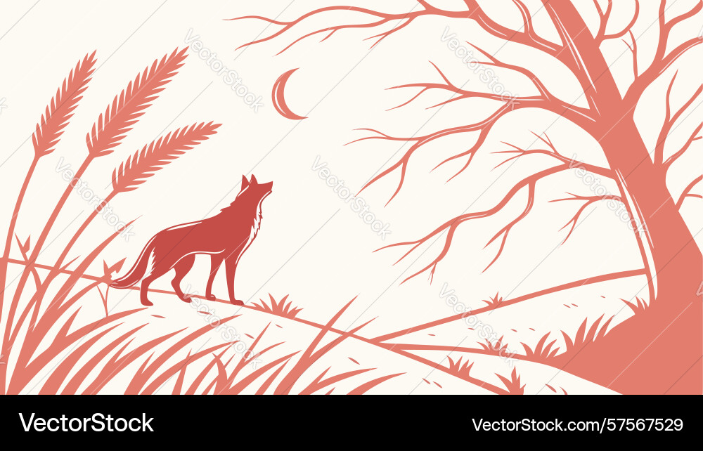 Red cat in sparse landscape with bare tree design Vector Image