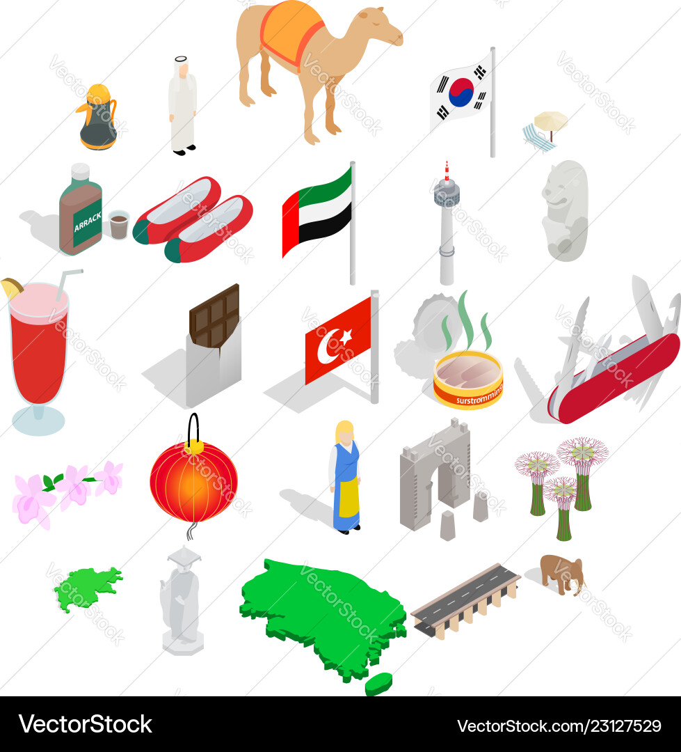 Tourist attraction icons set isometric style Tourist attraction icons set isometric style vector image