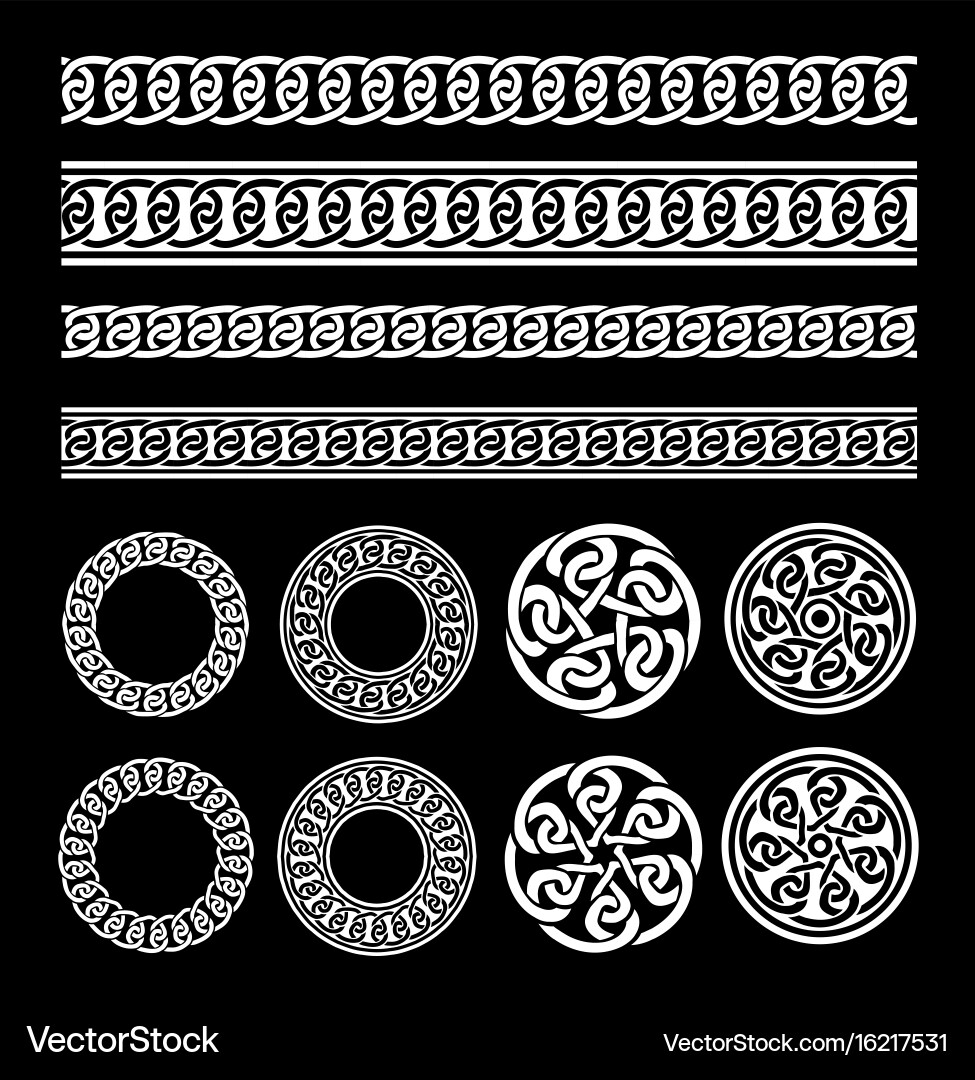 Celtic borders patterns and rings set vector image