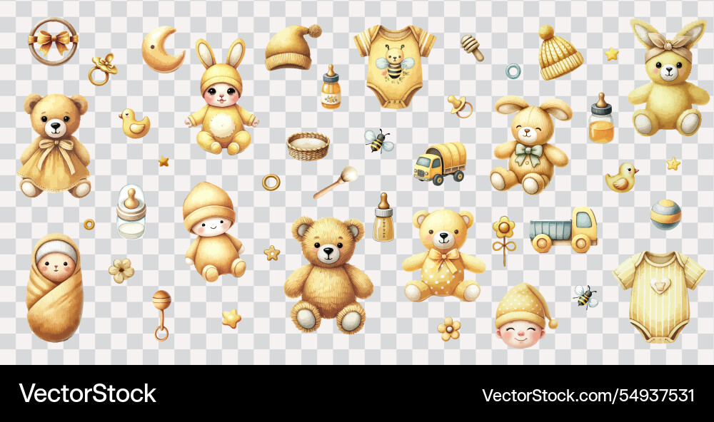 Watercolor hand drawn set of newborn kids toys Watercolor hand drawn set of newborn kids toys vector image