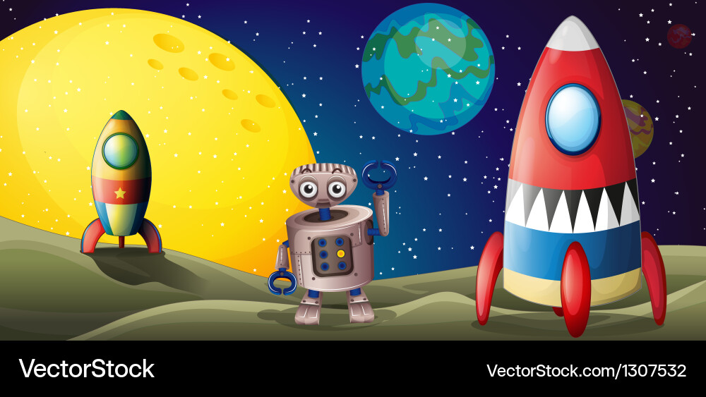 Two Spaceships and a Robot in Space vector image