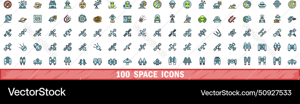 100 space icons set color line style 100 space icons set color line style vector image