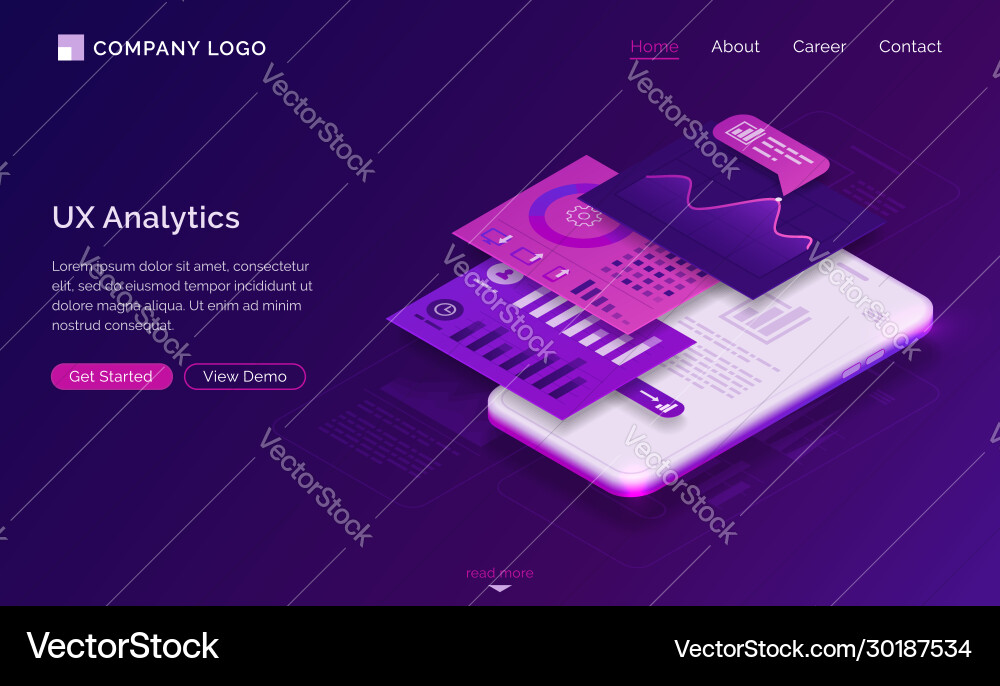 Ui ux analytics dashboard isometric landing page Ui ux analytics dashboard isometric landing page vector image
