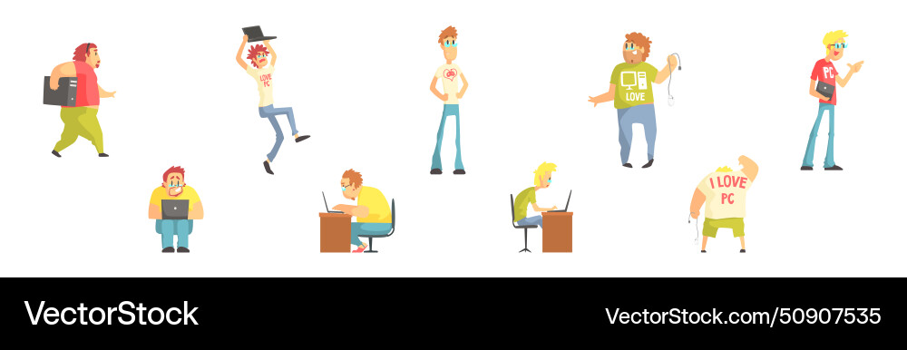 Funny nerd and geek man character computer lover Funny nerd and geek man character computer lover vector image