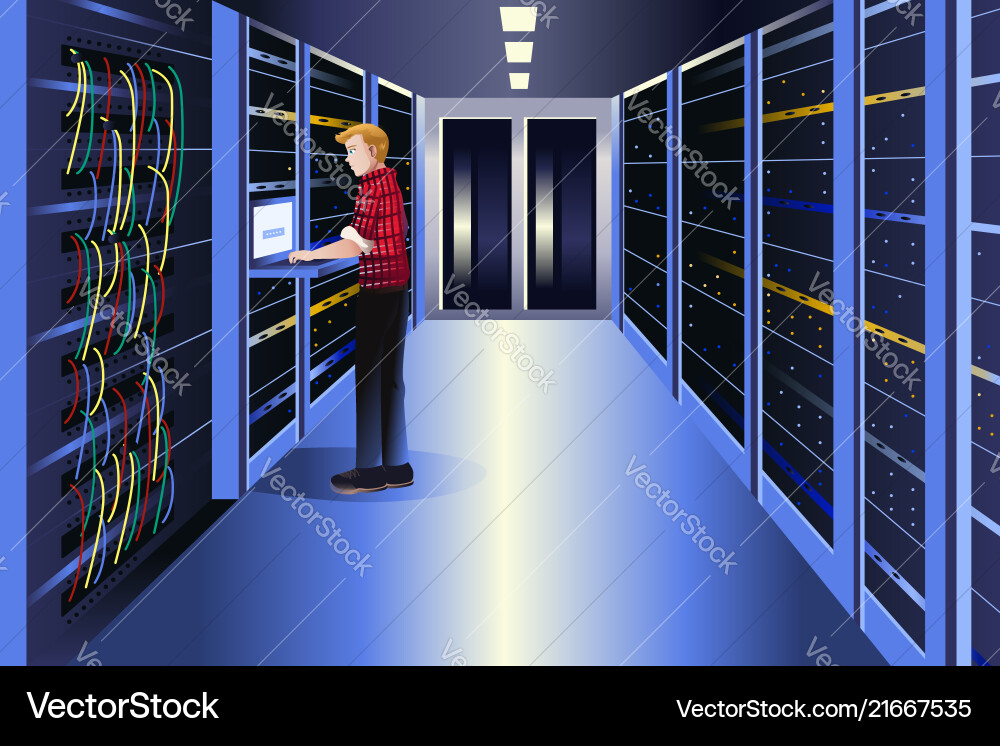 Man working in a data center Man working in a data center vector image