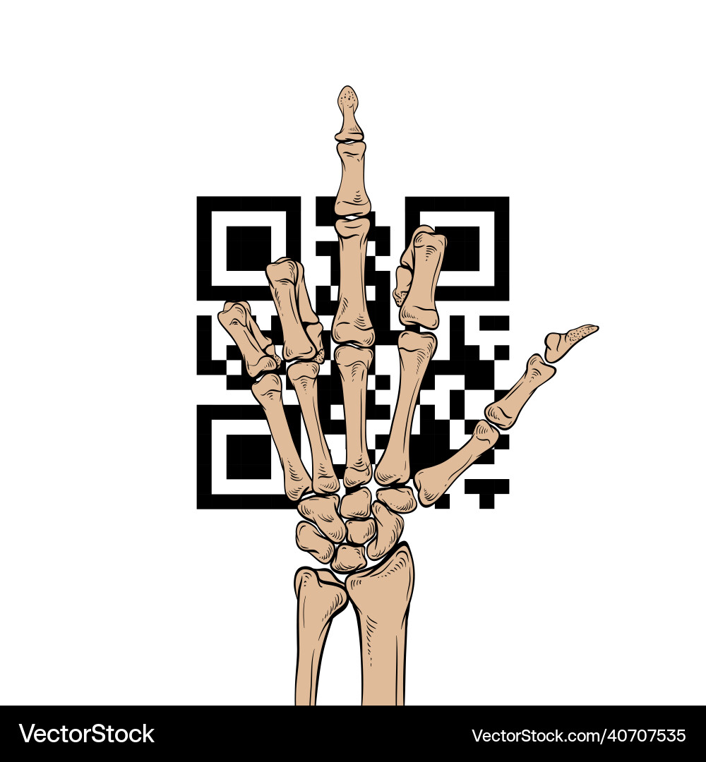 Skeleton shows middle finger to qr code Vector Image