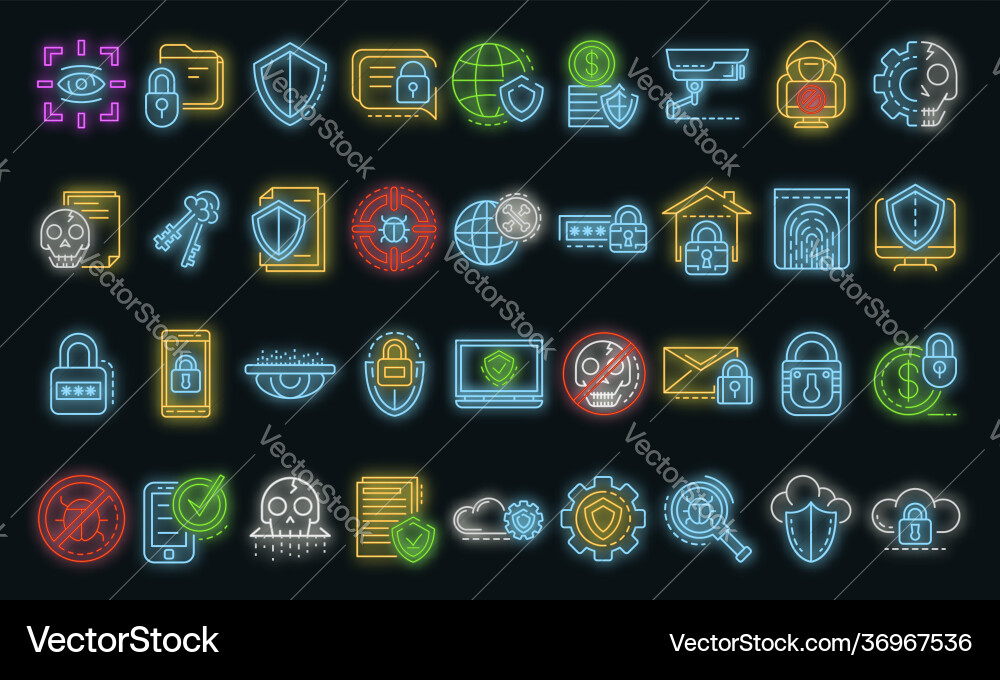 Computer security icon set neon Computer security icon set neon vector image