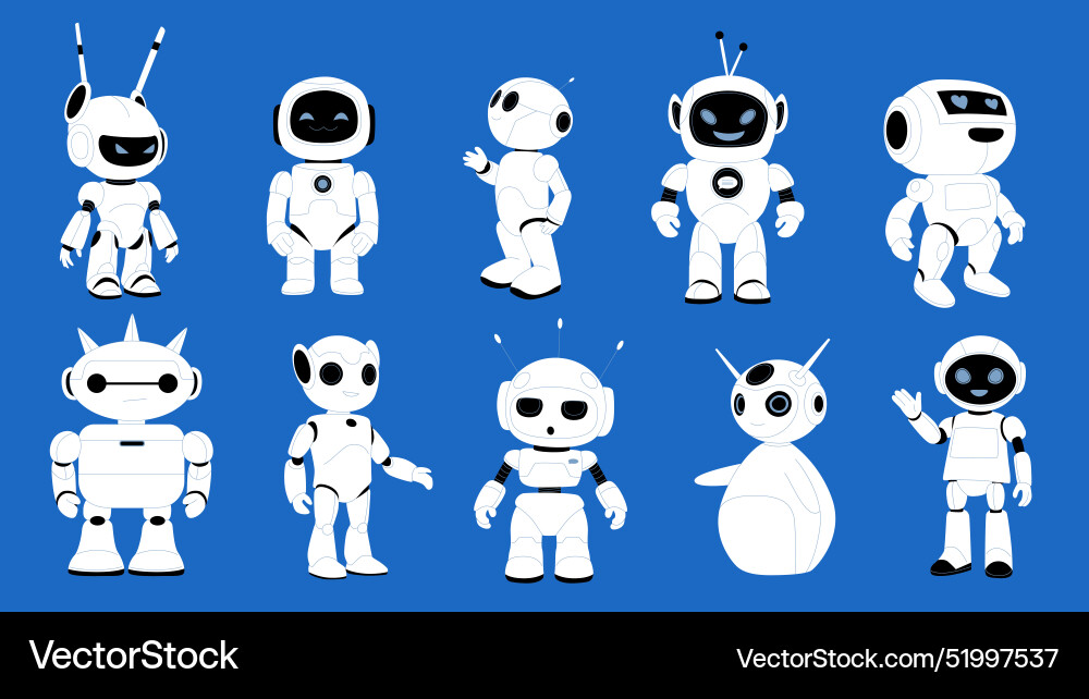 Cute robot futuristic chatbot characters set Cute robot futuristic chatbot characters set vector image