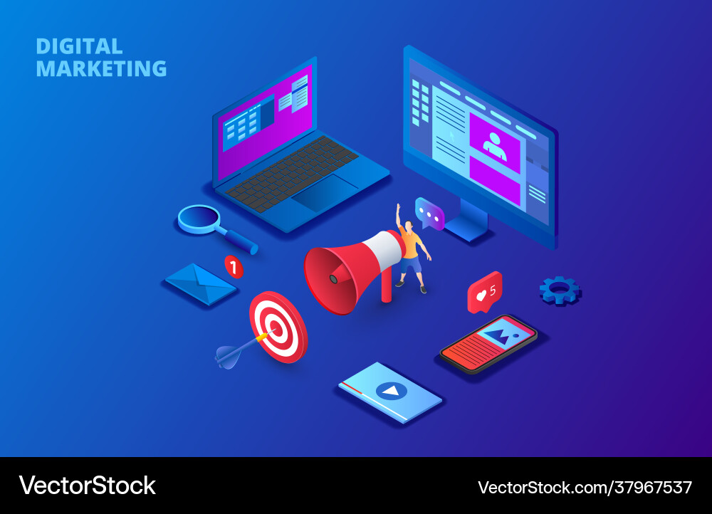 Digital marketing design concept with computer Digital marketing design concept with computer Vector Image
