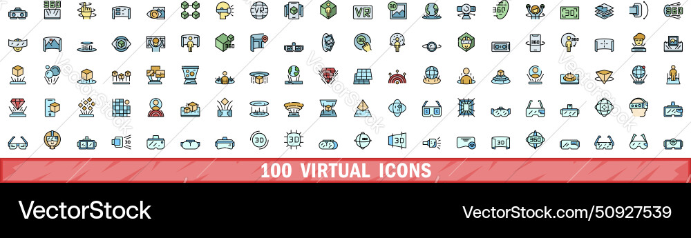 100 virtual icons set color line style vector image