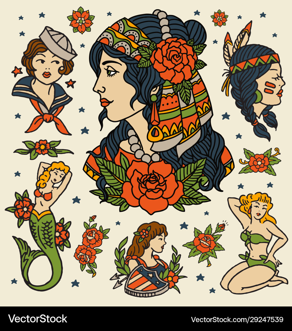 Classic Women Flash Tattoos vector image
