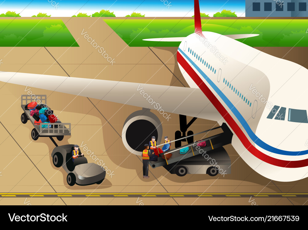 Workers loading luggages into an airplane Vector Image