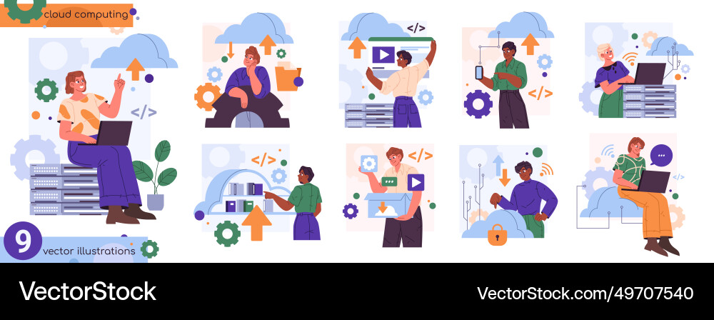 Cloud computing systems for administrators at work Cloud computing systems for administrators at work vector image