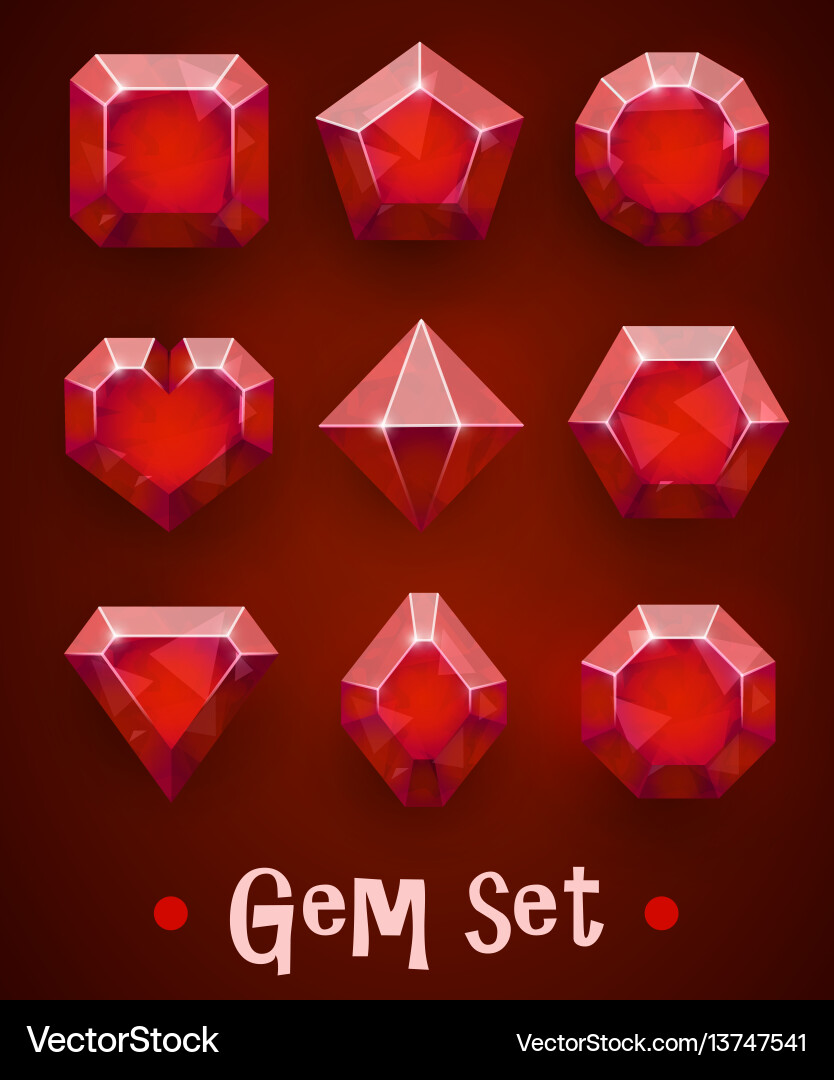 Set of realistic red gems various shapes ruby Set of realistic red gems various shapes ruby vector image
