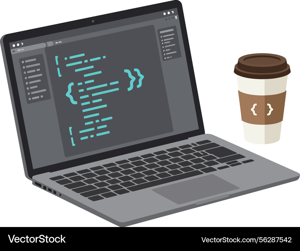 Laptop computer with code on screen and takeaway vector image