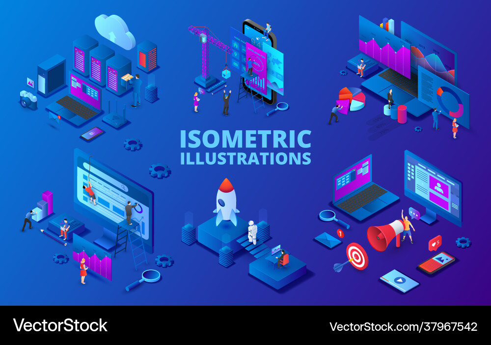 Set isometric startup digital Royalty Free Vector Image