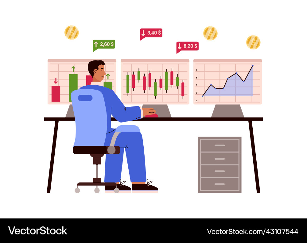 Male trader checking stock exchange graphs Male trader checking stock exchange graphs vector image